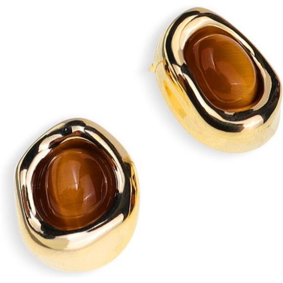 ✨ Vintage Tiger Eye Stud Earrings | 14K Gold Plated Retro Bazel Setting ✨ - Picture 2 of 5